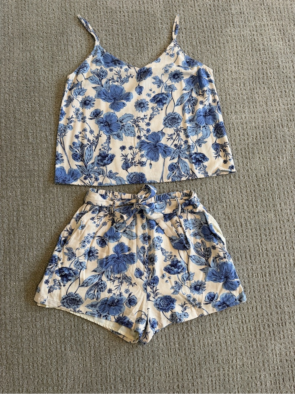 Blue Floral Cotton Blend Women’s Short & Tank Set